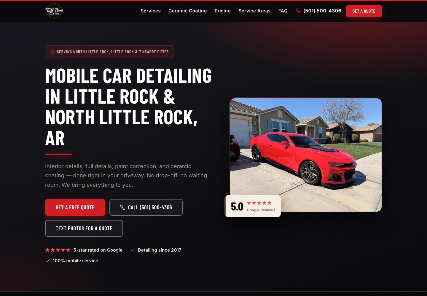 Tuff Bros mobile detailing homepage showing the Little Rock service area and quote actions