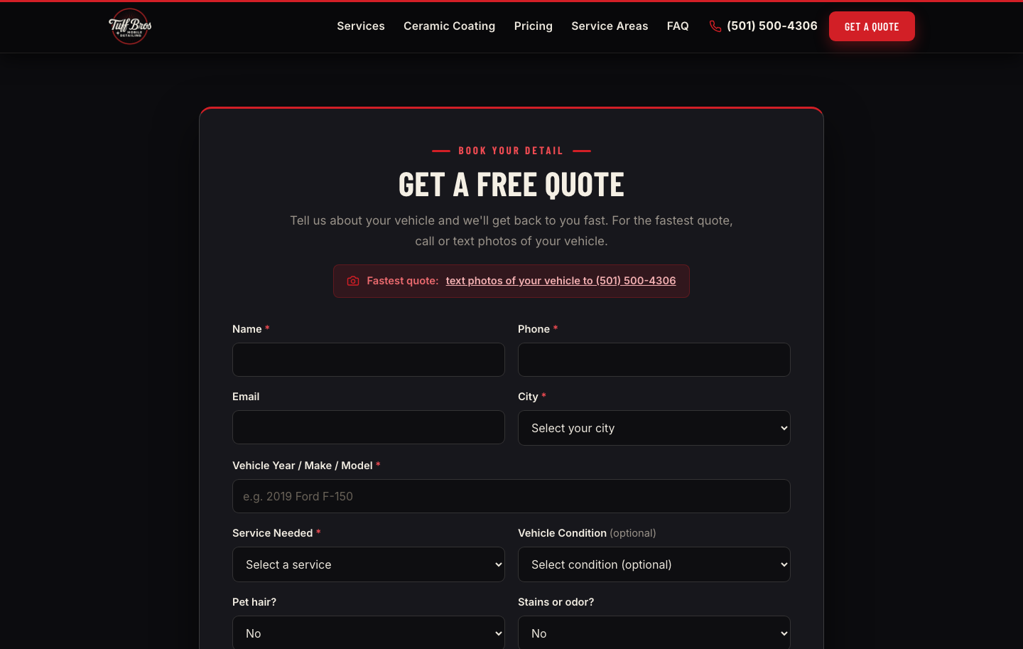Tuff Bros free quote form collecting vehicle and service details